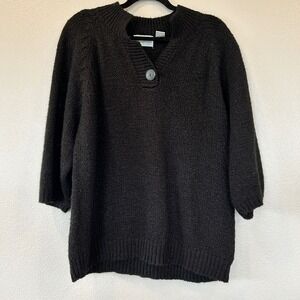 Color Packed Vintage Black Chunky Knit 3/4 Sleeve Button Henley Sweater 24W